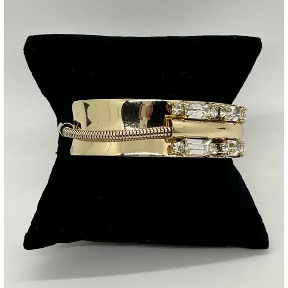 Gold-tone Cuff Bracelet Art Deco Style with Mirror Finish Crystal Baguettes - Picture 4 of 11